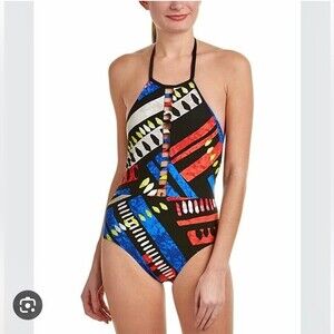 La Blanca Swimsuit One Piece Bathing Suit Halter Top African Beat Printed 8